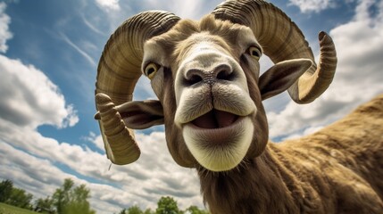 Close-up portrait of a ram. Detailed image of the muzzle. A domestic animal is looking at something. Illustration with distorted fisheye effect. Design for cover, card, postcard, decor or print. - obrazy, fototapety, plakaty