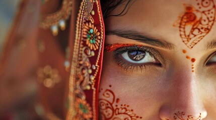 Eyes adorned with traditional henna artistry.