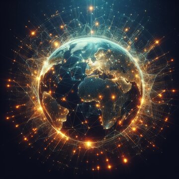 This digital illustration depicts a stylized view of the Earth with glowing network connections, symbolizing global communication and data exchange.. AI Generation