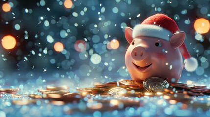Festive Piggy Bank with Santa Hat on Pile of Gold Coins in Snow