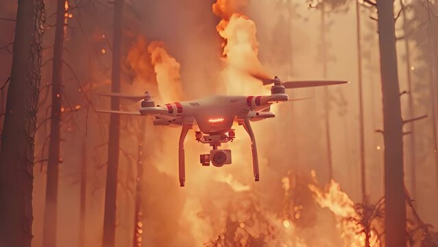 Massive forest fire, smoke filling sky, fire-fighting drones in action
