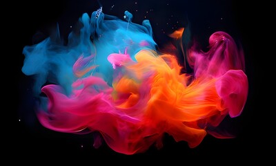 Colorful smoke explosions and blasts, vibrant hues of neon pink, electric blue, lime green, and fiery orange, dispersing majestically, isolated against a transparent background, resembling a cosmos of