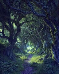 Enchanted copse, ancient trees whisper, hidden paths, mystical glade,  - obrazy, fototapety, plakaty
