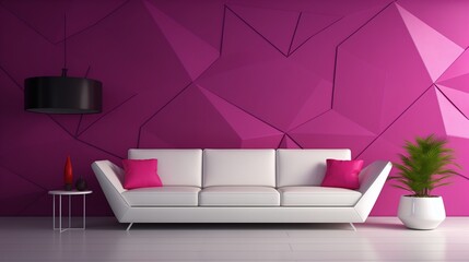 A sleek white sofa against a mesmerizing fuchsia 3D wall, creating a contemporary living space.
