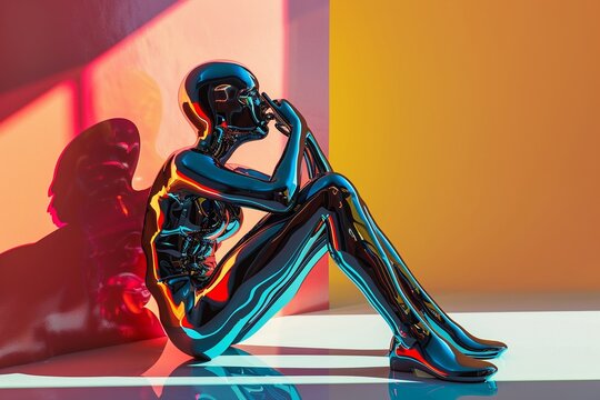 Figure made of shiny plastic, abstract pose, soft backlight, side view, 