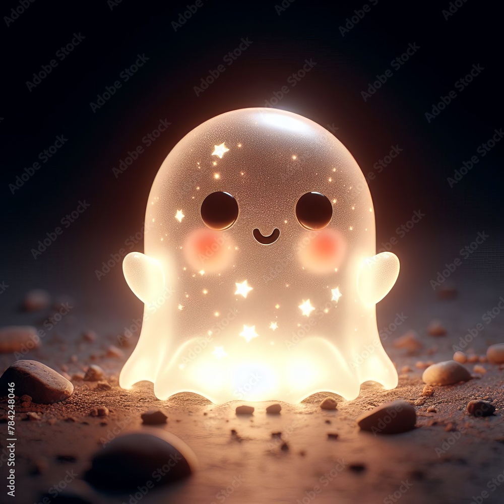 Poster an adorable, glowing ghost figure with starry effects, set against a dark background with subtle peb