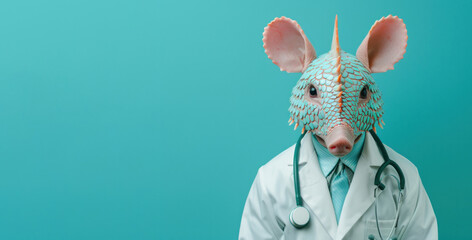 Portrait of a armadillo dressed in a doctor's uniform with a stethoscope against a turquoise background.