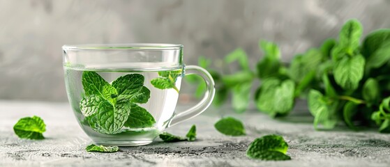 Close shot of a transparent glass cup filled with water ice and meant leaves with a clean backdrop for text a summer refreshment backdrop, Generative AI.