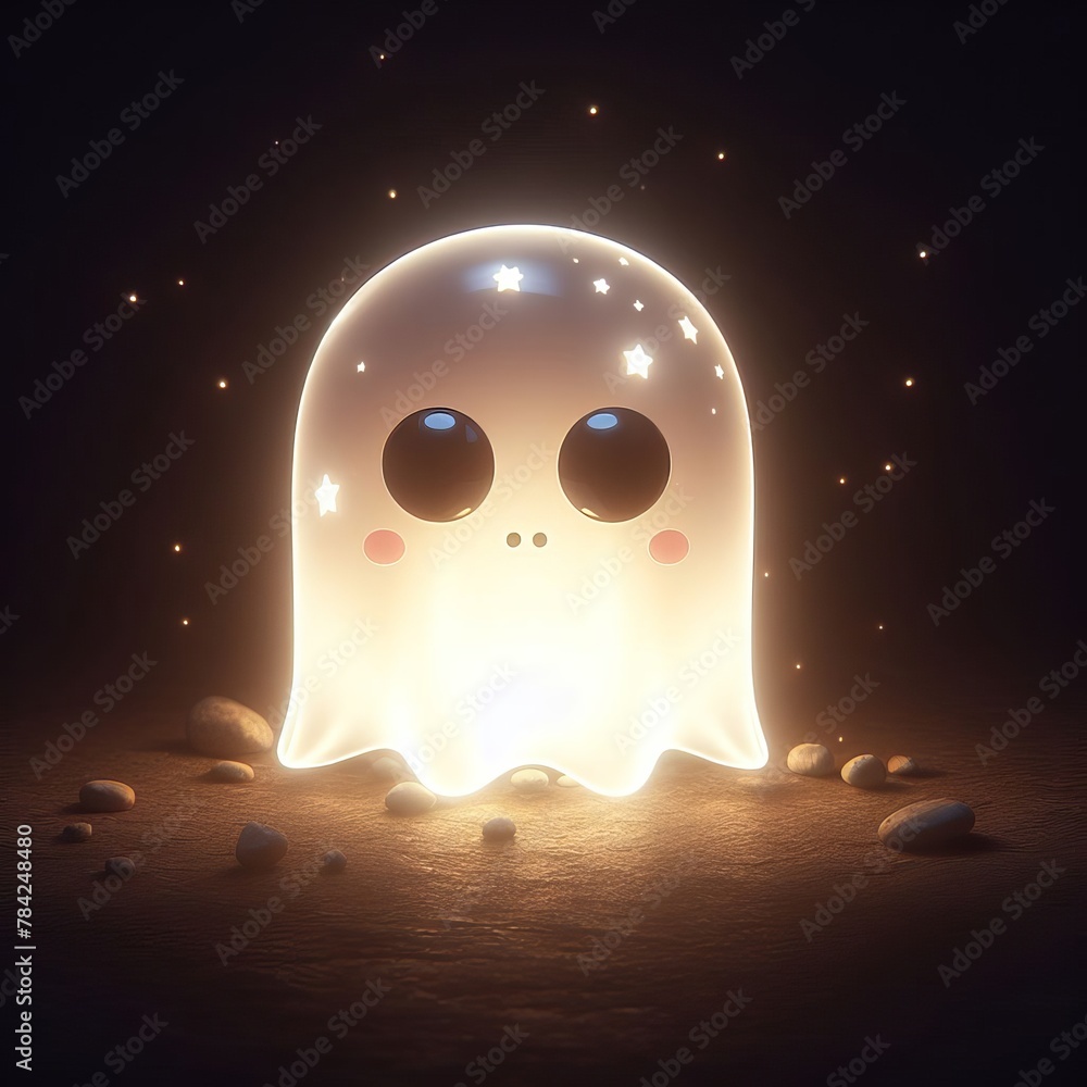 Poster a charming, ghost-shaped figure glows amidst darkness, surrounded by soft sparkles and small stones 