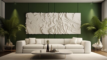 A sophisticated living room design with a sleek white sofa against a textured green 3D wall, adding a touch of natural elegance to the space.