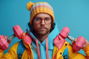 skinny nerd man with glasses and bright clothes lifts dumbbells at an athletic workout on a blue isolated background - obrazy, fototapety, plakaty