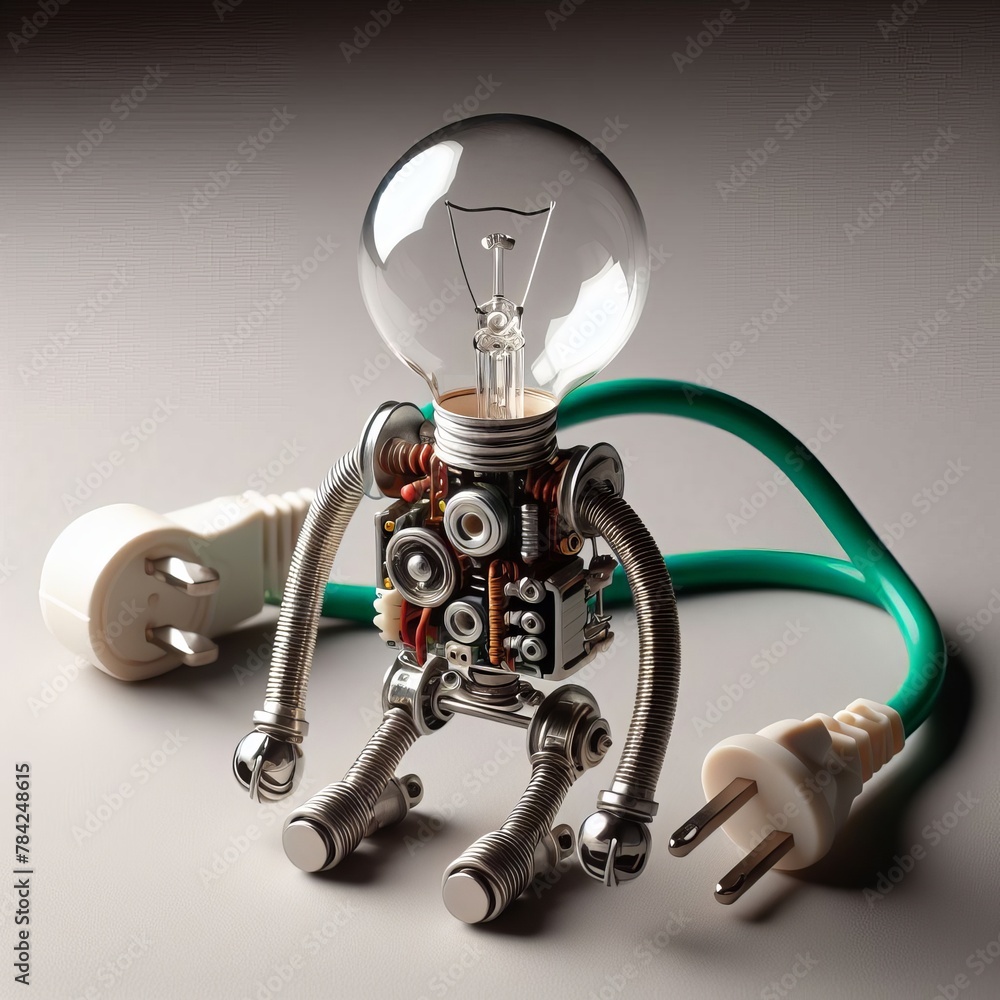 Poster an inventive robot design with a light bulb for a head, connected to a green power cord, symbolizing