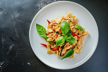 Generative AI : Stir fried trivelle pasta with Canned tuna fish and crispy basil leaves - obrazy, fototapety, plakaty