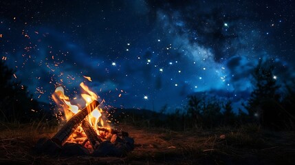 Generative AI : Camping fire under the amazing blue starry sky with a lot of shining stars and clouds.  - obrazy, fototapety, plakaty
