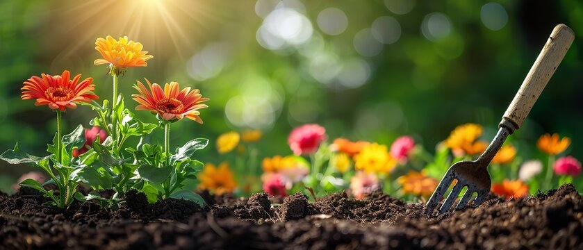 Close shot of a gardening fork and vibrant colorful spring flowers with space for text or gardening tools products backdrop, Generative AI.