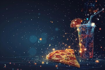 This advanced 3D digital notion depicts an enigmatic image of a pizza drinks oriented like the night sky or space, with wireframe light links and space, Generative AI.