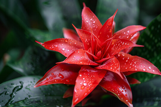 Close up of a beautiful red Bromelia Bromeliad flower with rain water drops