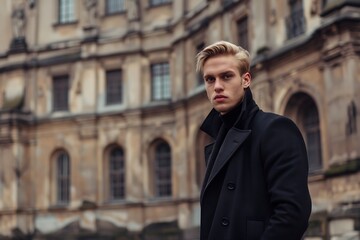 Generative AI : Handsome trendy blond man standing outdoor in European city setting 