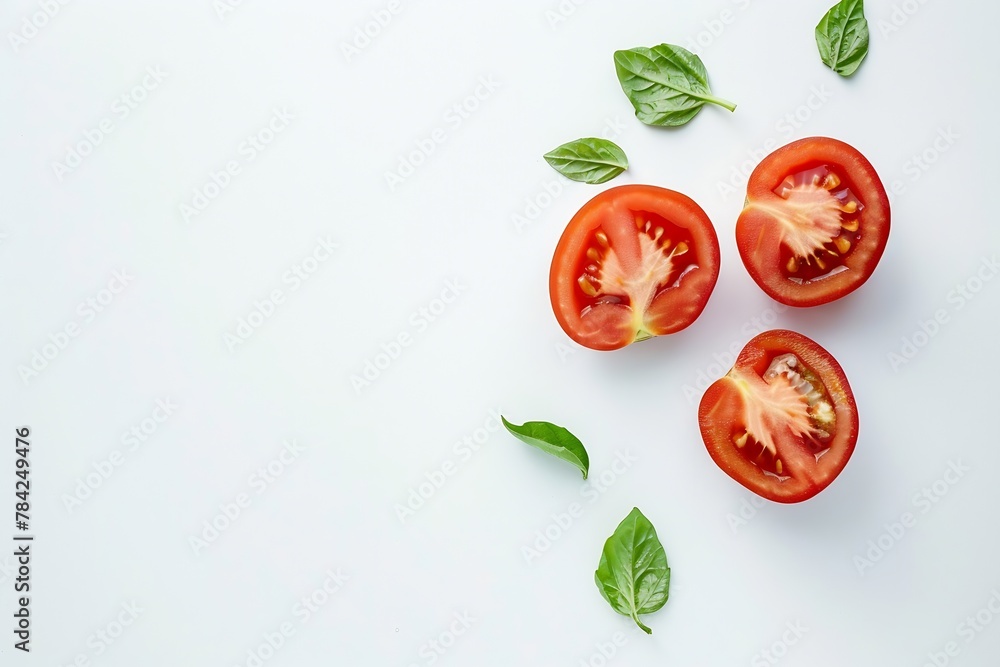 Poster generative ai : fresh tomato with green leaf and cut in half sliced isolated