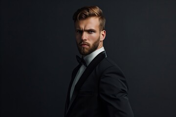Fototapeta premium Generative AI : Portrait of handsome stylish man in elegant black suit