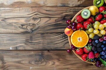 Generative AI : Fresh raw organic summer berries and exotic fruits in round wooden plate on wooden...