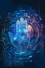 Symbolic illustration of biometric security measures, including fingerprint scanning and facial recognition - obrazy, fototapety, plakaty