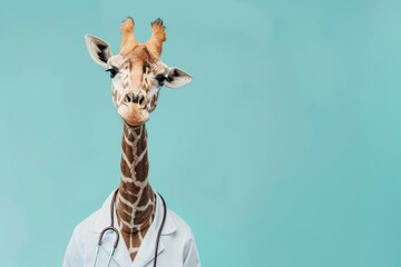 Portrait of a giraffe in a doctor's uniform with a stethoscope, looking forward on a light blue background.