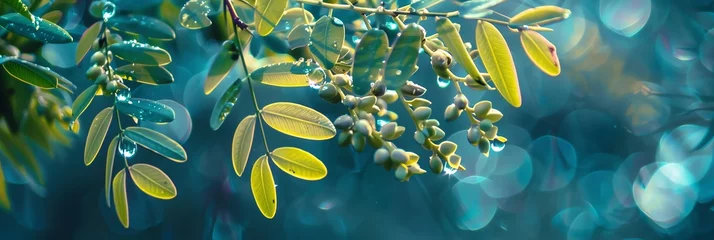 Fotobehang acacia leafs photo overcast savana macro photo flower background aspect ratio 3:1 © rajagambar99
