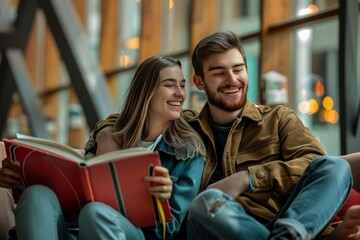 Generative AI : Happy young university students friends studying with books at university