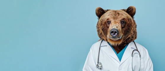 A grizzly bear wearing a stethoscope and a white doctor's coat on a light blue background.