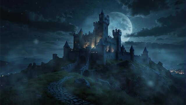 Witness the ghostly spectacle of an old castle cloaked in fog atop a hill on a moonlit night, its ancient stones resonating with the whispers of history in this haunting 4K looping video