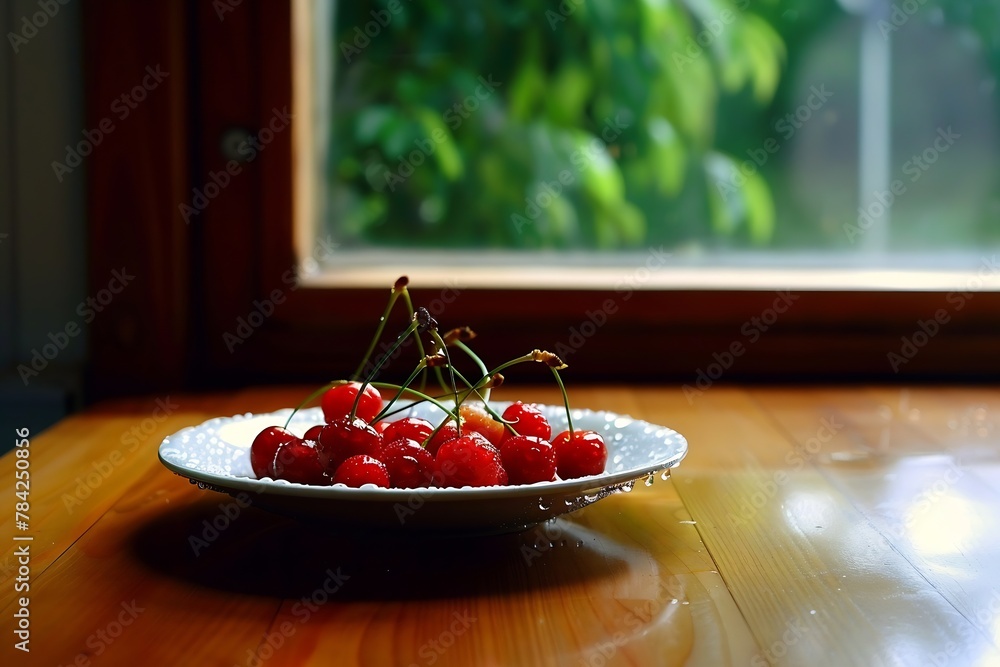 Poster generative ai : cherries with water drops in a plate on wooden table.