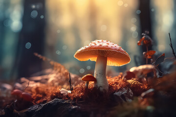 Mushroom on a background of red and yellow leaves. - obrazy, fototapety, plakaty