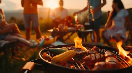 Generative AI : Group of friends having party outdoors. Focus on barbecue grill with food. 