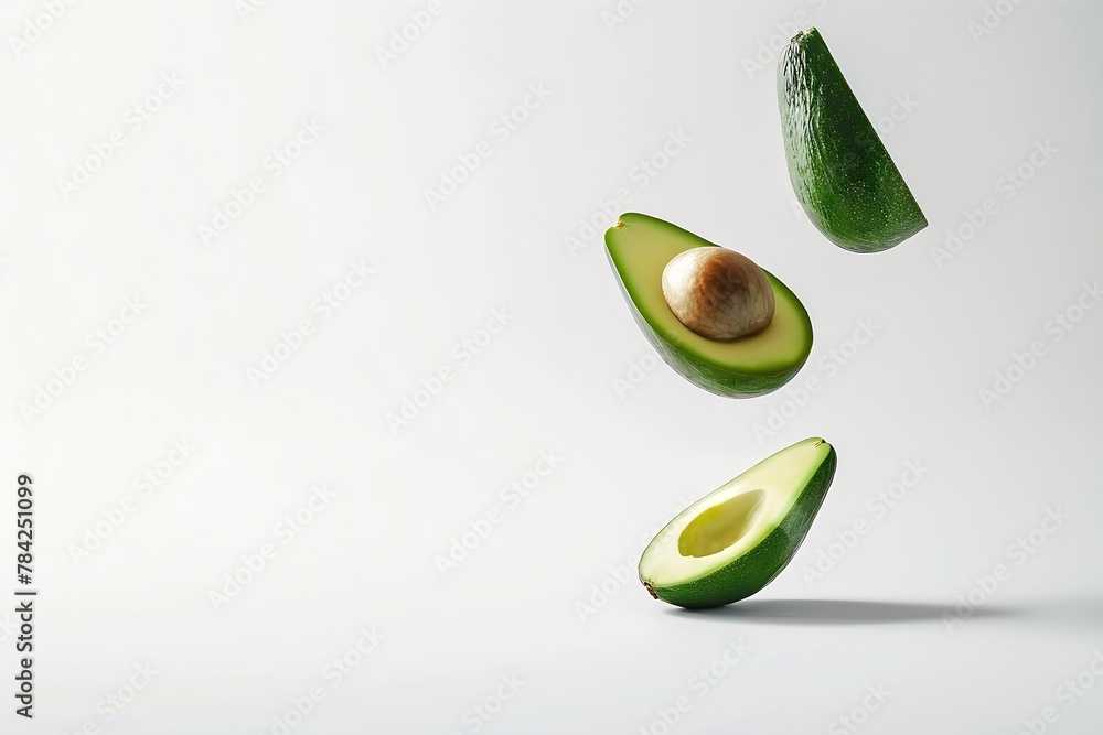 Poster generative ai : avocado with cut half sliced flying in the air isolated on white background.