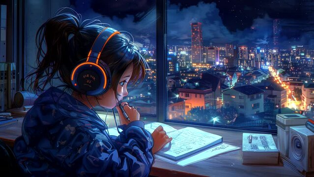 Lofi anime girl studying while listening to relaxing music. seamless looping 4k time-lapse animation video background