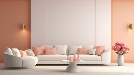 Fototapeta na wymiar A sophisticated lounge design featuring a sleek white sofa against a soft peach 3D wall, exuding modern elegance and comfort.