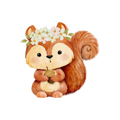 Vector cartoon watercolor of woodland animals with Squirrel wearing flower crown for Baby Nursery Decor01