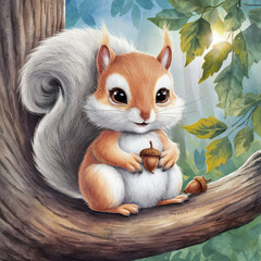 수채화로 그린 귀여운 다람쥐 - obrazy, fototapety, plakaty
