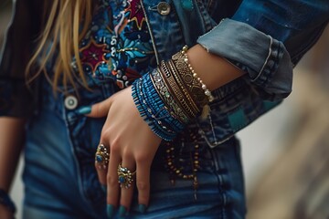 Generative AI : Young ladies hand resting on hip and showing off her stacked bohemian style bracelet set.