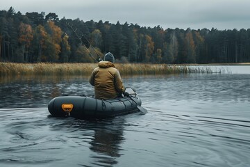 Generative AI : fisherman rowing across a lake in a rubber dinghy as he trolls for fish