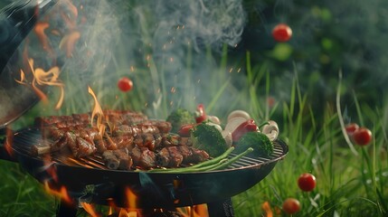Generative AI : Assorted delicious grilled meat with vegetables on barbecue grill 