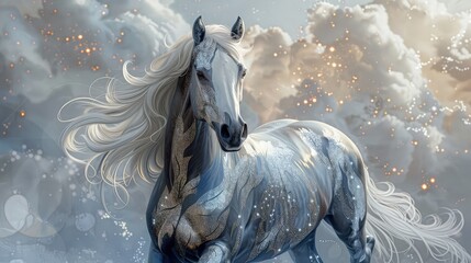 Abstract white horse with beautiful hair 