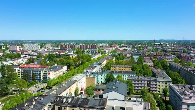 Aerial view of the longest avenue and promenade in Czestochowa. Deptak Aleje