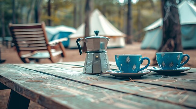 Generative AI : vintage coffee set on the old wooden table In front of the retro cabin tent