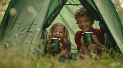 Generative AI : Two laughing kids with cups look out of their tent while camping