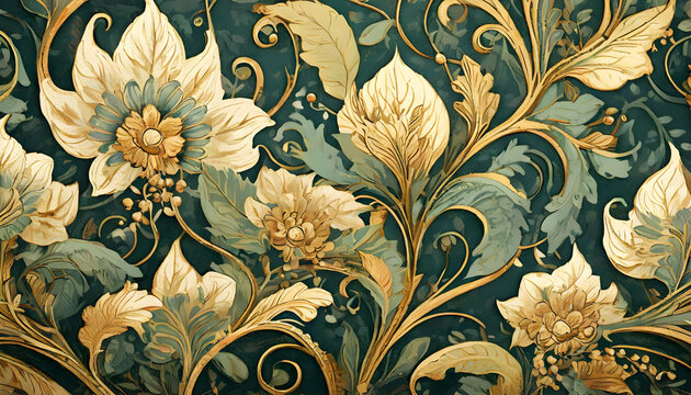 a vintage floral wallpaper design inspired by Art Nouveau themes, featuring delicately intertwined blooms in a balanced composition