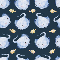Cute Stingray and Clownfish Seamless Pattern on navy blue background illustration