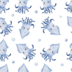 Cute Squid Seamless Pattern on white background illustration