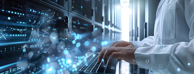 Hands typing on keyboards with digital data streams. Data center management concept